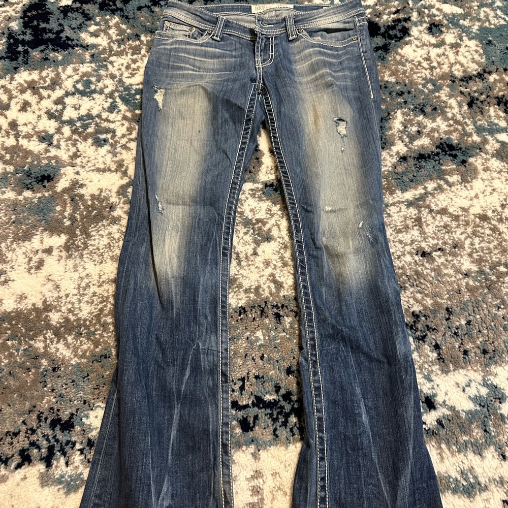 BKE Blue Flare Wide Leg Jeans with Vintage Distressing